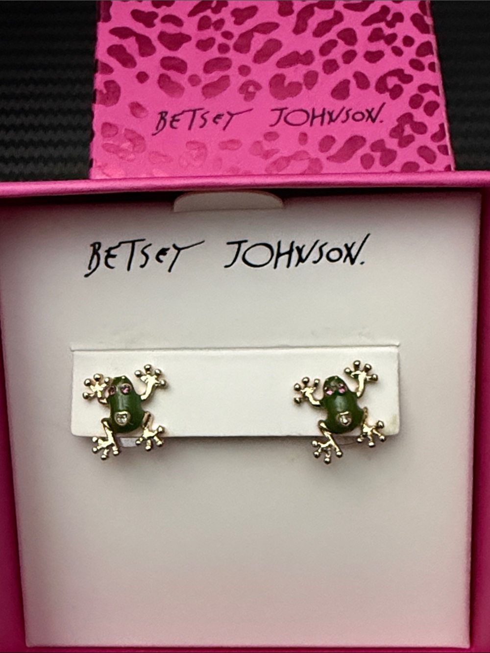 Betsey Johnson Gold-Tone Green Frog Stud Earrings with Pink Eyes